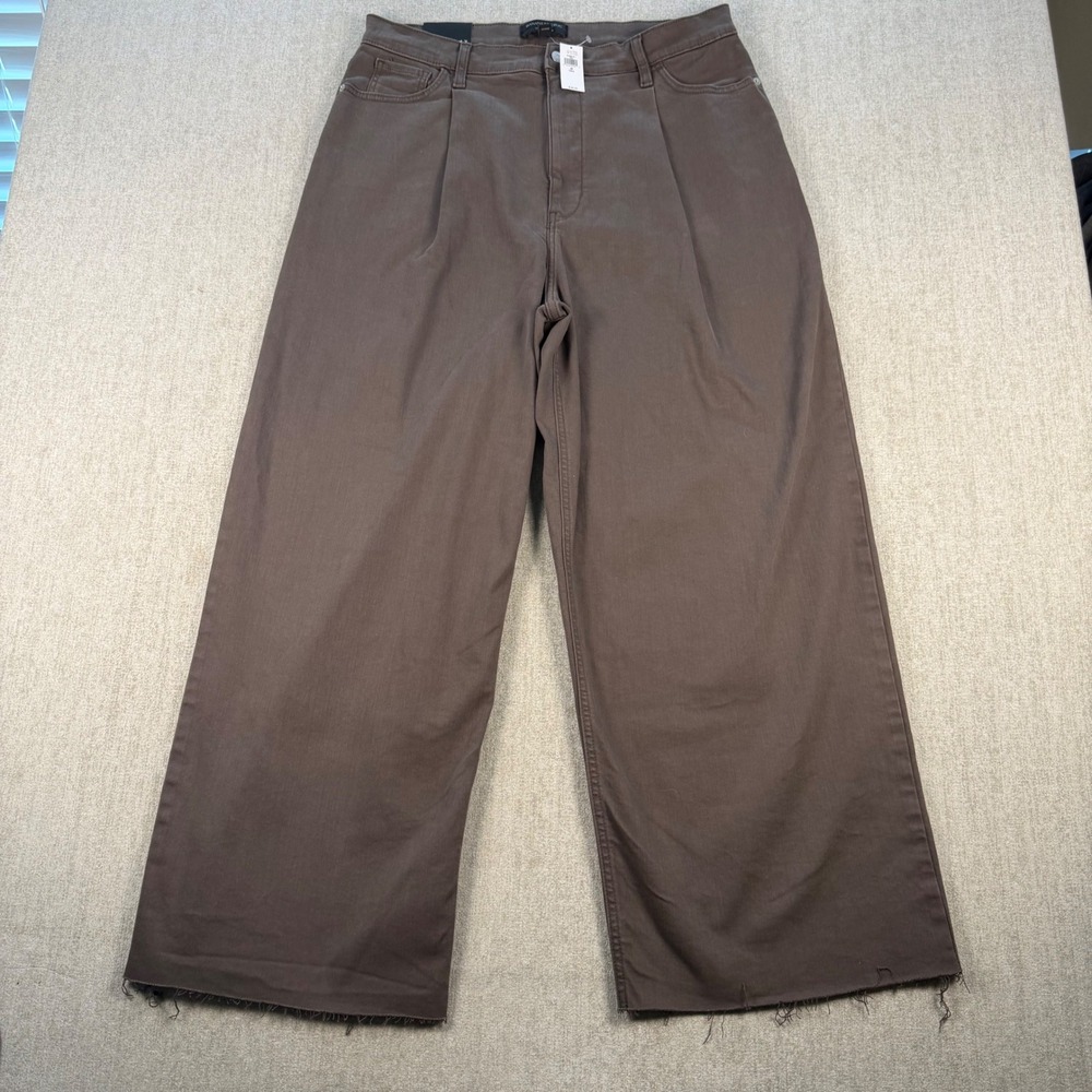 Banana Republic Wide Leg Crop Pants Women 32/14 Tall Brown High Rise Raw Hem